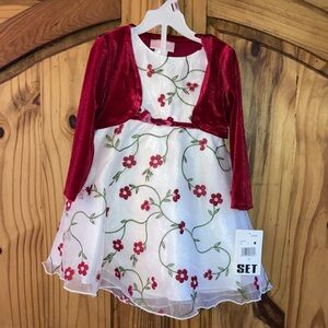 Girls Youngland red white embroidered flowers 2 piece dress size 24 months - NWT